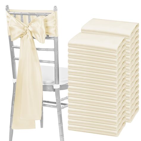 PRICES MAY VARY. 🍹【Package Include】Pack of 120 satin chair sash.Size: 7" x108" or 275cm(l) x 17cm(w).Each package includes chair sashes only, without chair covers.These chair ties bring a modern twist to your chair's settings and let your chairs sparkle brightly. Satin sashes can be tied into wedding chairs, draped across any decoration, or used as attractive table runners. 🍹【Durable Satin Fabric】Our chair sashes are made from 120GSM stain fabric, which is smooth, shiny, silky to the touch, vi Wedding Chairs Bows, Bow Chairs Wedding, Wedding Amazon Buys, Chair Sash Ideas Wedding, Bow Wedding Decor, Wedding Chair Cover Ideas, Bride And Groom Chair Decor, Chair Decorations Wedding, Ceremony Chair Decor