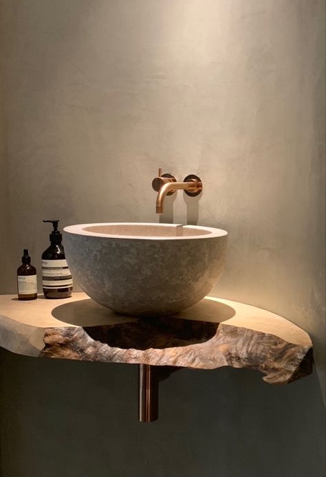 Toilet Inspiration Small Spaces, Vola Taps, Rustic Washroom, Shelf Above Sink, Spa Themed Bathroom, Stone Sink Bathroom, Cloakroom Ideas, Cloakroom Sink, Small Toilet Design