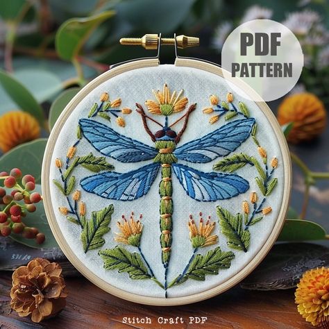 DESCRIPTION Let's stitch this beautiful dragonfly and floral hand embroidery pattern. Perfect for a 6-inch embroidery hoop. Instant download pattern for embroidery stitching enthusiasts. YOUR DOWNLOAD INCLUDES: ~ Printable PDF pattern in 6 sizes: 3,4,5,6,7 and 8 inches, giving you the flexibility to adapt it to your projects. ~ Beginner's Guide - Hand Embroidery - Exclusive, Printable embroidery planner: with complete DMC color chart, Project tracker pages,Weekly and Yearly project pages, Wish l Dandelion Embroidery Pattern, Embroidery Dragonfly, Dragonfly Crafts, Dragonfly Embroidery Design, Insect Embroidery, Embroidered Dragonfly, Pattern For Embroidery, Dragonfly Embroidery, Bugs Embroidery