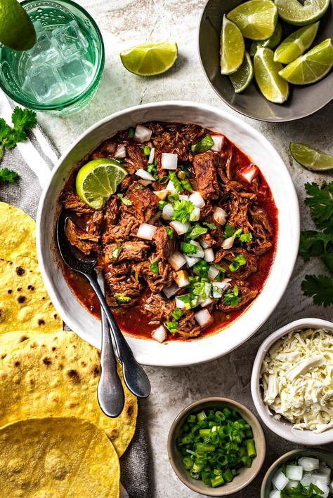 Birria de Res (Beef Birria Recipe) - Host The Toast Chuck Roast Birria Tacos Crockpot, Birria Tacos Recipe Chuck Roast, Birra Tacos Recipe Chuck Roast, Chuck Roast Birria, Slow Cooker Beef Birria, Birra Tacos, Braised Beef Stew, Mexican Beef Stew, Beef Birria Recipe