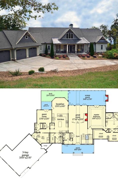 View of the lovely craftsman exterior, garage, driveway, and front yard landscaping of this one story mountain house plan for sloped lots. It has 5 bedrooms, 4.5 bathrooms, and photos of luxury elegant ranch interior. Get this over 2500 sq ft floor plan, home layout and blueprint at: https://www.architecturaldesigns.com/house-plans/mountain-ranch-with-walkout-basement-29876rl?cjevent=f5ff41c3e20911ea8305004f0a180512 #MountainHousePlans #SlopedLotHousePlans #HousePlans Ranch Style With Basement Floor Plans, Walk In Basement House Plans, Walkout Ranch Floor Plans, Ranch On Basement Floor Plans, House Floor Plans One Level 3000 Sq Ft, 2 Story House With Walk Out Basement, Angle House Plans, Walkout Basement Layout Ideas, 2 Story House Plans With Walkout Basement