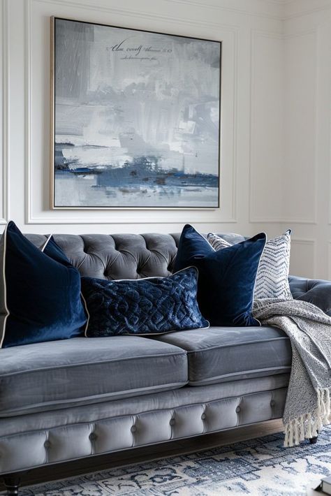 29 Dark Grey Couch Living Room Ideas for Sophisticated Style 4 Blue White And Gray Living Room, Gray Sofa Styling, Navy Sofa Living Room, Couch Styles, Grey Couch Living Room Ideas, Dark Grey Sofa Living Room, Dark Grey Couch, Dark Grey Couch Living Room, Dark Blue Sofa