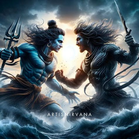 Jalandhar, born from Shiva’s anger, became a powerful demon and challenged the gods. His strength rivaled even Shiva, making him nearly invincible. Shiva then unleashed his fury, destroying Jalandhar with his trident, ending the demon's reign and restoring peace to the universe. Har Har Mahadev!🙏🕉🔱 Share on Story & Follow me @artisnirvana for Daily God Wallpapers!😊🙏 Tag me @artisnirvana when Reposting!😁 #shiv #shiva #lordshiva #shankar #shambu #mahadev #harharmahadev #omnamahshivay #jaland... Jalandhar Mahadev, Holi Poster, Om Namah Shivay, Har Mahadev, Har Har Mahadev, God Illustrations, Lord Shiva, Shiva, The Universe