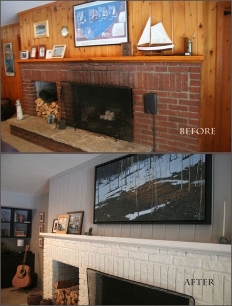 bloomerism :: a blog by inBloom Event Design: Lynn Bloomer's Budget Basement Makeover Wood Paneling Makeover, Stained Brick, Paneling Makeover, Painted Brick Fireplace, Painting Wood Paneling, Basement Makeover, Knotty Pine, Up House, Fireplace Makeover