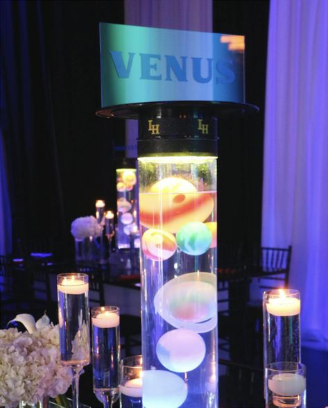 Space Events was the perfect venue for this out-of-this-world bar mitzvah. Mesmerizing floating planet centerpieces, astronaut ice cream, and so many personalized items made this night unforgettable. Planet Centerpieces, Astronaut Ice Cream, Event Display, Man On The Moon, Space Theme, Bar Mitzvah, Unique Decor, Novelty Lamp, Floating