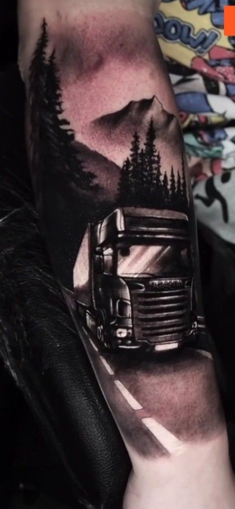 Truck Tattoo Design, Truck Tattoos For Men, Semi Truck Tattoo, Truck Tattoo, 3 Tattoo, Tattoos For Guys, Tattoo Ideas, Tattoos, Pins