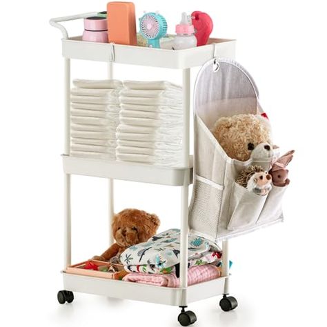 Barydat 8.7 x 15.8 x 27.6 Inch Baby Diaper Caddy with 9.8 x 9.1 Inch Hanging Storage Bag Baby Diaper Cart Baby Cart Organizer Nursery Organizer with Stickers and Hooks for Rooms Newborn Storage Diaper Cart, Cart Organizer, Doll Storage, Organization Cart, Diaper Organization, Diaper Caddy, Cunas Para Bebes, Rolling Cart, Nursery Organization