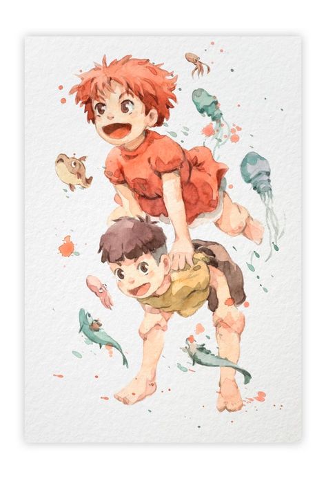 Anime Watercolor Art, Anime Ponyo, Ponyo Sosuke, Watercolor Comic, Cliff By The Sea, Ghibli Fanart, Anime Watercolor, Ghibli Anime, Studio Ghibli Fanart