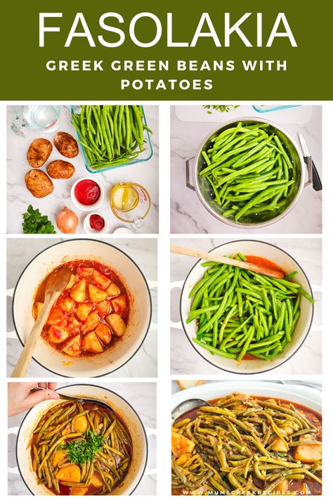 Fasolakia – Green Beans and Potatoes on a plate Lathera Greek, Greek Veggies, Green Beans With Potatoes, Greek Green Beans, Beans And Potatoes, French Green Beans, Snap Beans, Mediterranean Meals, Tomato Rice