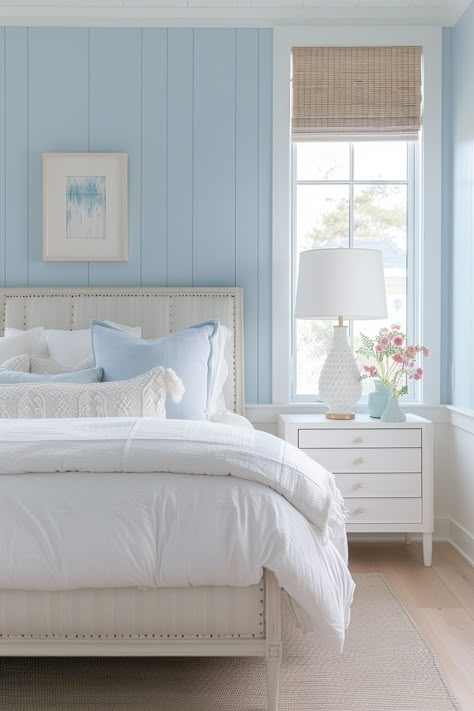 Serene Coastal Bedroom, Coastal Bedroom Inspiration, Light Blue Aesthetic Room, Light Blue Room Aesthetic, Hamptons Style Bedroom, Costal Bedroom, Coastal Bedroom Decor, Practical Home Decor, Beach Bedroom Decor