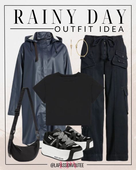 Conquer the rain in style with this urban-chic outfit! Slip into a hooded raincoat paired with trendy cargo pants and a cute cotton crop top. Complete the look with a versatile crossbody bag, platform sneakers, and hoop earrings for an edgy yet functional ensemble that's perfect for exploring rainy city streets.  outfit for work | for school | aesthetic | office look | casual | ideas | cold | rain chic Work Street Style, Rainy Day Outfit Ideas, Trendy Cargo Pants, Outfit Ideas For Work, Urban Chic Outfits, Aesthetic Office, Outfit For Work, Raincoat Outfit, Rainy City