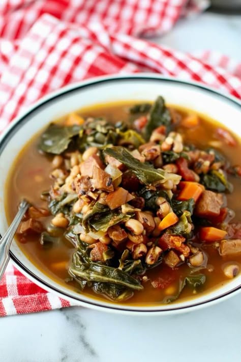 Black-Eyed Pea Soup with collard greens and ham Ham And Bean Soup With Collard Greens, Hoppin John With Collard Greens, Blackeyed Pea Soup With Ham, Black Eyed Pea Soup With Ham, Blackeyed Pea Soup, Soup With Collard Greens, Greek Sausage, Pulled Pork Soup, Turnip Green Soup