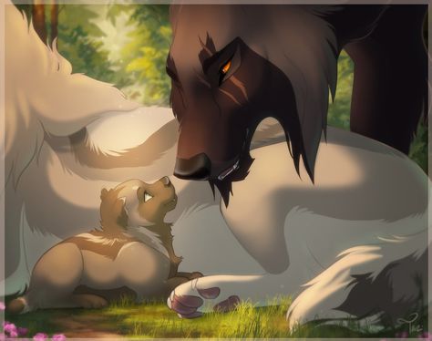 A fun collaboration between myself and the incredibly talented, Naviira featuring our characters Klaus and Perry! Nav did the gorgeous sketch and stunning background and I did the characters and ad... Wolf Pup Art, Wolf Pup Drawing, Wolf With Pups, Wolf Alpha, Wolf Deviantart, Wolf Rider, Anime Wolf Drawing, Cute Wolf Drawings, Cartoon Wolf