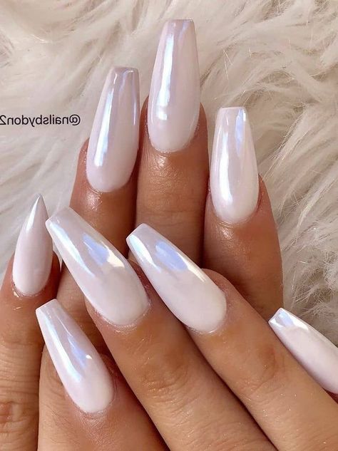 Nailfie Ideas, Long White Nails, White Chrome Nails, Pink Chrome Nails, Nails Opi, White Acrylic Nails, White Chrome, White Nail Art, Nails Fake