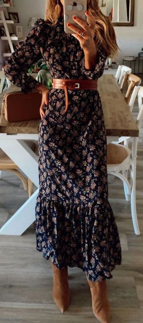 Black Floral Dress Fall, Winter Symphony Outfit, Boho Dresses Winter, Farmhouse Chic Outfit, Boho Work Style, Age Of Adeline Outfit, Long Fall Dresses With Boots, Fall Dress 2023, Soft Classic Autumn Outfits