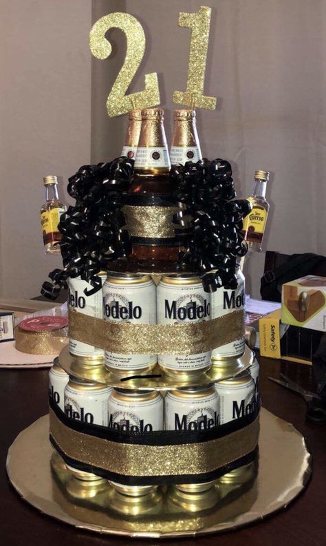 Brothers 21st Birthday Gift, 21 Birthday Centerpieces For Men, Beer Tower Cake For Men, Beer Cake Tower Diy, 21 Birthday Party Ideas For Guys, 21st Birthday Centerpieces For Guys, Men Birthday Centerpiece Ideas, Alcohol Tower 21st Birthday, Liquor Tower