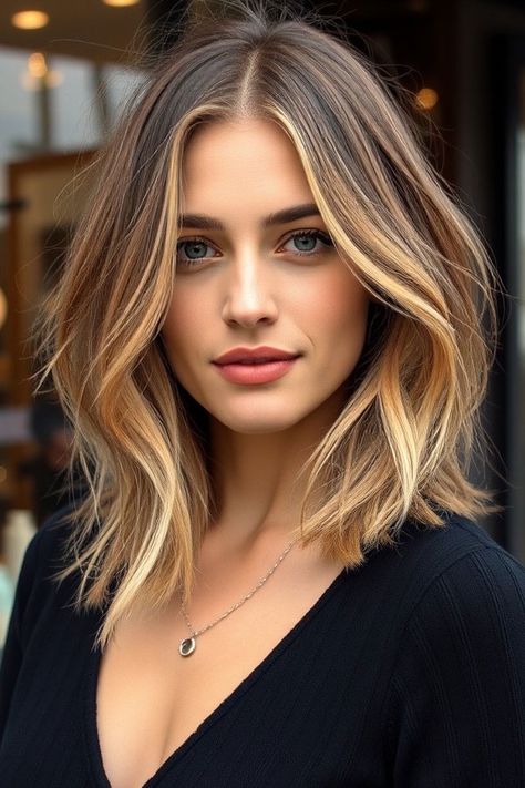 32 Low-Maintenance Medium-Length Haircuts : Sleek and Polished Blunt Lob Middle Part Waves, Medium Length Haircut Middle Part, Annie Murphy Hair, Waves Medium Length Hair, Haircut Low Maintenance, Wavy Lob Haircut, Annie Murphy, Fw 2024, Medium Layered Haircuts