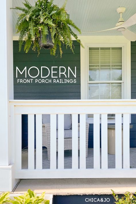 Farmhouse Railings For Stairs Exterior, White Porch Railing Ideas, Front Porch Without Railing Ideas, Replacing Porch Railing, Front Porch Railing Ideas Craftsman, Front Porch White Railing, Modern Farmhouse Front Porch Railing, Front Porch Railing Ideas Ranch Style, Outdoor Banisters And Railings