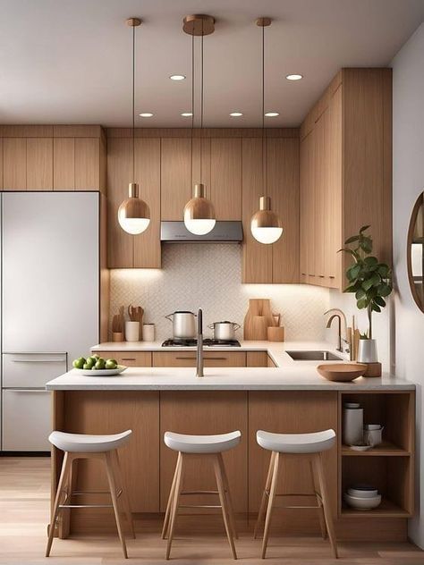 Small Minimalistic Kitchen, Kitchen Parisian Style, Japandi Interiors Small Apartment, Interior Design Tv Room, Kitchen Island And Dining Table Layout, Japandi Kitchen Design Small, Small Minimalist Kitchen, Small Kitchen With Peninsula, Nordic Kitchen Design