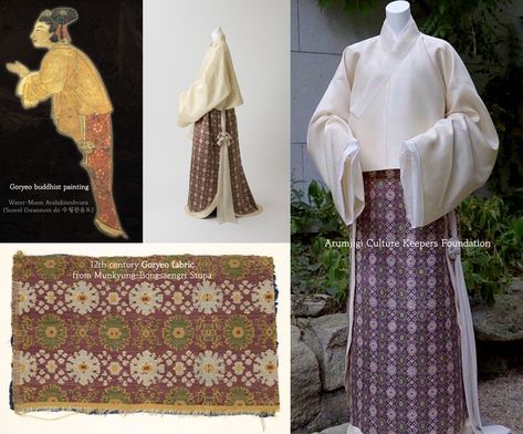 Goryeo Dynasty Hanbok : To show women in the Goryeo Dynasty as depicted in the painting Water-Moon Avalokiteshvara, the silk fabric with gold threads that had been found inside the pagoda in Bongseo-ri dating to the 12th century was reproduced to make chima of this piece. Goryeo Dynasty Clothing, Goryeo Dynasty, Water Moon, Ancient Korea, Dynasty Clothing, Painting Water, Korean Hanbok, Korean Clothing, History Projects