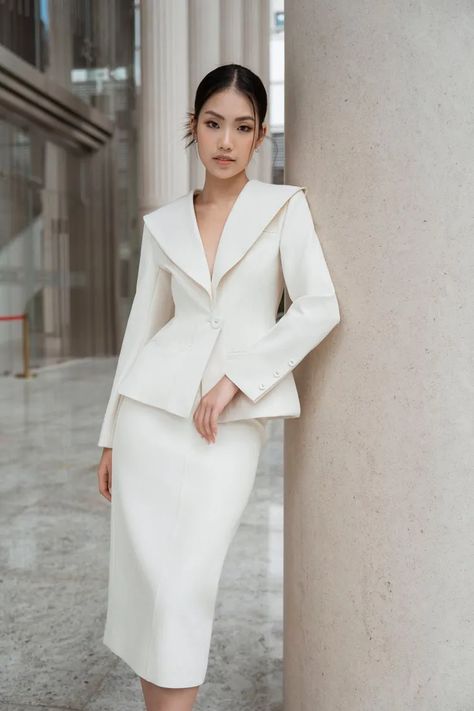 MEAN BLVD | Premium Fashion Platform of Top Vietnamese Designers Cream Skirt Suit, Coat And Skirt For Wedding, Woman Suit Skirt, Vintage Western Dress, Business Uniform, Blazer With Skirt, White Skirt Suit, Registry Wedding, Formal Wedding Guest Dress