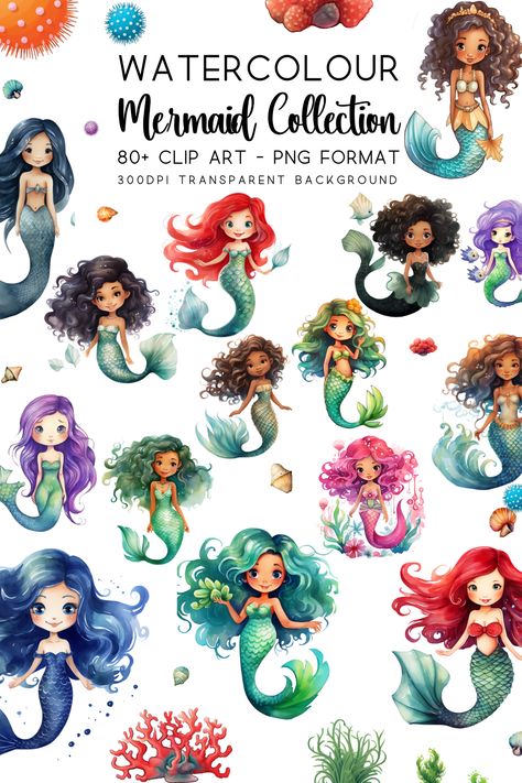 Mermaid clipart bundle featuring a variety of multiracial mermaids and sea life elements in watercolor designs. The collection is showcased on a white background, displaying the versatility and vibrancy of the designs ideal for DIY craft projects, scrapbooking, or commercial designs Women Clipart, Scrapbook Elements, Unique Scrapbooks, Mermaid Clipart, Watercolor Mermaid, Watercolor Designs, Vibrant Watercolor, Watercolor Images, Cute Clipart