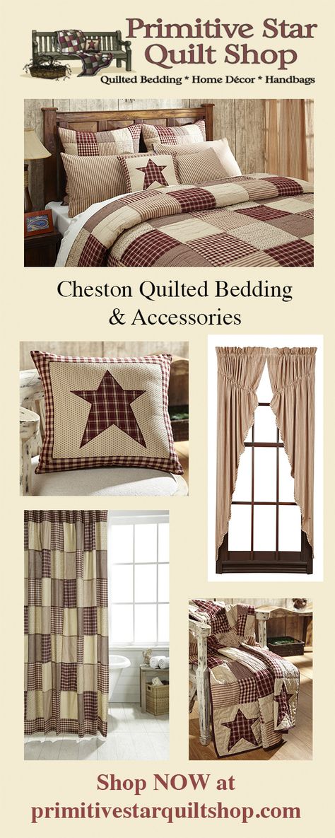 Our Cheston quilt collection is sure to give your bedroom the primitive country makeover you have been wanting! Made from burgundy and creme vintage prints, plaids and ticking stripes, the large patchwork blocks are a stunning combination. Check out the entire Cheston collection found exclusively at Primitive Star Quilt Shop. https://www.primitivestarquiltshop.com/collections/cheston-bedding Bathroom Ideas Country, Prim Bedrooms, Primitive Bedding, Primitive Curtains, Rustic Comforter, Primitive Bedroom, Simple Quilt, Primitive Star, Primitive Bathrooms