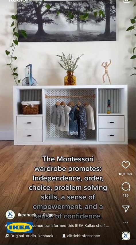 #ikeahacks #diyideas #furniture #furnituredesigns Ikea Kallax Hack Kids Wardrobe, Ikea Kallax Montessori Wardrobe, Toddler Wardrobe Ikea Hack, Ikea Myllra Nursery, Montessori Bedroom Wardrobe, Toddler Bedroom Montessori, Ikea Kallax Montessori, Montisorri Baby Bedroom, Kallax Montessori Wardrobe