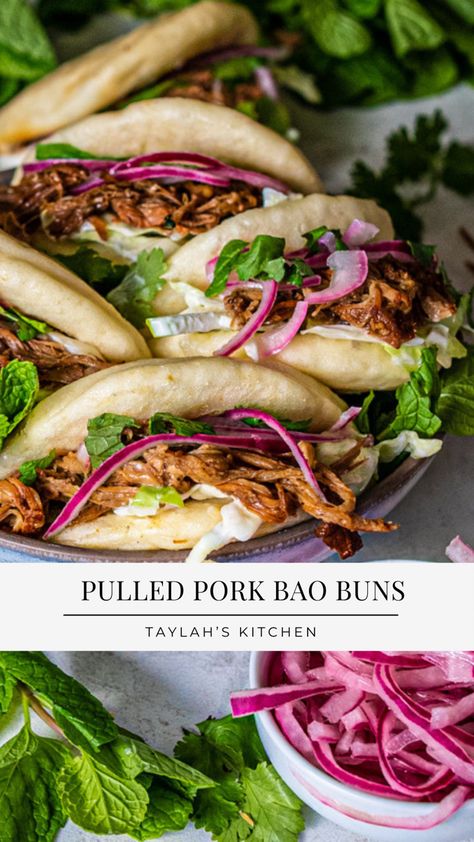 Asian Pork Sandwich, Bbq Pork Bun Recipe, Korean Bbq Bao Bun, Chinese Pork Buns Recipe, Bao Buns Pork, Pulled Pork Bao Buns Recipe, Bao Buns Pulled Pork, Chinese Pulled Pork, Best Buns For Pulled Pork