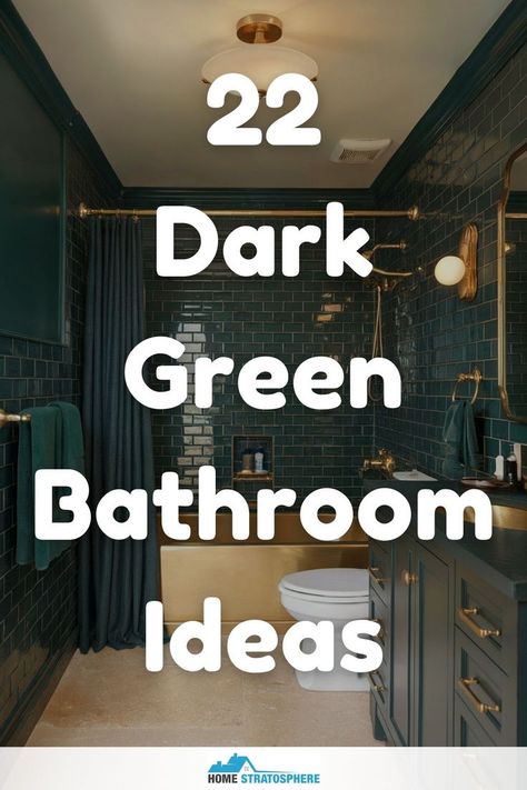 A dark green bathroom with glossy tiles and gold finishes, showcasing a large vanity and a cozy, stylish atmosphere.