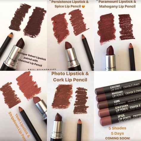 Available Now! Online @maccosmetics (Search under lip kits) #MACLipDuos  Special price $29!! *regular price $34.50 :  1. Antique Velvet Lipstick + Chestnut Lip Pencil  2. Persistence Lipstick + Spice Lip Pencil 3. Paramount Lipstick + Mahogany Lip Pencil 4. Yash Velvet Lipstick + Stripdown  Lip Pencil 5. Photo Lipstick + Cork Lip Pencil 5 Shades for 5 Days Which duo/s did you pick?  #TRENDMOOD #mac #maccosmetics  #makeupoftheday #motd #makeupoftheday #mua #ilovemakeup #makeup #makeu... Brown Lips, Best Mac Makeup, Lip Pencil Colors, Mac Lipstick Shades, Lipstick For Fair Skin, Makeup Brushes Guide, Lip Liners, Brown Lipstick, Velvet Lipstick