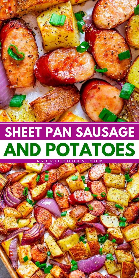 A must-try main dish for dinner! This sausage and potato recipe is a simple dinner idea using just 5 ingredients. Hearty with tons of flavor, this sheet pan sausage and potato bake is a winner! Plus, it's super customizable! Sheet Pan Sausage And Potatoes, Whole Roast Chicken Recipe, Sausage And Potato Bake, Sheet Pan Sausage, Sausage And Potatoes, Sausage Recipes For Dinner, Sausage Dinner, Easy Sheet Pan Dinners, Sheet Pan Dinners Recipes