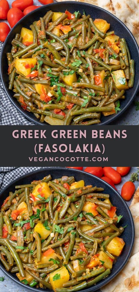 Greek Green Beans (Fasolakia) Italian Beans And Greens, Greek Green Beans And Potatoes, Mediterranean Green Beans, Fasolakia Recipe Crockpot, Flat Green Beans Recipes, Greek Fasolakia, Greek Side Dishes Vegetables, Fasolakia Recipe, Lebanese Green Beans