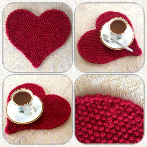 Heart Placemat | AllFreeKnitting.com Knitted Heart Pattern, Knitted Heart, Knit Dishcloth, Dishcloth Pattern, Free Knitting Pattern, Knitting For Beginners, Yarn Crafts, Heart Patterns, Knitting Patterns Free