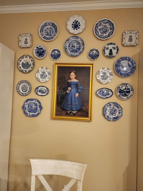 Lovers Of Blue & White Pottery | My plate wall is finished, (for now🤣💙💙💙 | Facebook Blue Willow Plates On Wall, Hanging Plates On Wall, Vintage Plates On Wall, Blue Plates Wall, Hang Plates On Wall, Vintage Plate Wall, Edinburgh Flat, Blue White Pottery, Cottagecore Living