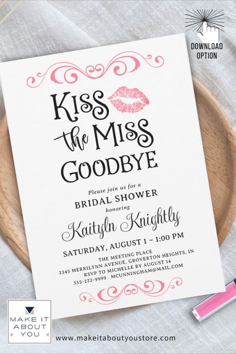 Modern, stylish bridal shower invitations featuring the title KISS THE MISS GOODBYE accented by faux pink glitter gloss lips and fancy calligraphy typography. Kiss The Miss Goodbye Bridal Shower Party Ideas, Kiss The Miss Goodbye Bridal Shower Decor, Kiss The Mrs Goodbye, Bridal Shower Kiss The Miss Goodbye, Kiss The Miss Goodbye Bachelorette Decor, Fancy Calligraphy, Kiss The Miss Goodbye, Gloss Lips, Glitter Gloss