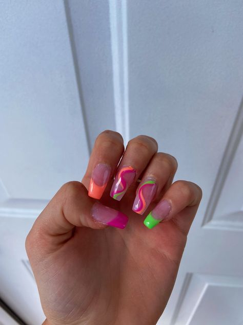 Green Pink And Orange Nails, Pink Orange And Green Nails, Pink Orange Green Nails, Orange And Green Nails, Bright Vacation Nails, Turkey Nails, Orange Acrylic Nails, Pink Summer Nails, Sheer Nails