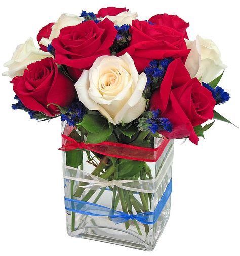 Patriotic Flower Arrangements | Patriotic - Rose Arrangement, Zeidler's Flowers, Garden & Gifts Patriotic Flower Arrangements, Purple Statice, Patriotic Flowers, Red And White Roses, Fourth Of July Decor, Flowers Arrangements, Glass Cube, Purple Themes, Rose Arrangements