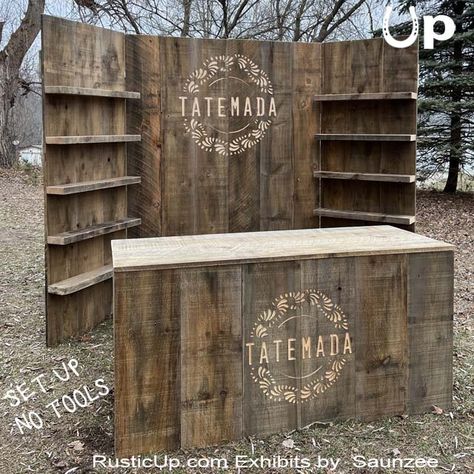 Rustic Craft Show Display Booth Ideas, Rustic Booth Design, Small Storefront Ideas, Booth Walls Vendor, Vendor Booth Lighting Ideas, Rustic Market Stall Display Ideas, 10x10 Market Booth Layout, Western Booth Display, Rustic Vendor Booth