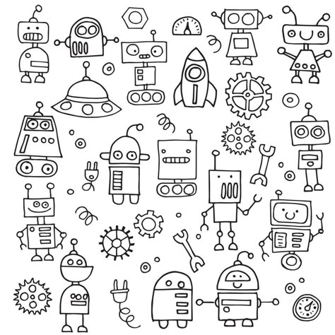 Robot Illustration Design, Cute Robot Drawing, Robot Doodle, Robot Background, Black And White Doodles, Robot Drawing, Mural Cafe, Robot Theme, Illustration For Kids