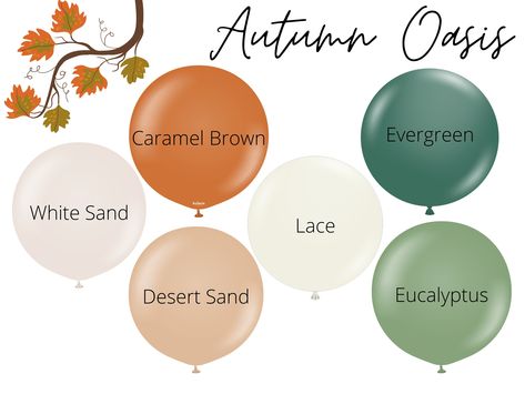 Autumn Oasis / Balloon Garland Kit or Solo Pack Step into fall with our Autumn Oasis color palette. Created with a blend of evergreen, eucalyptus, lace, white sand, desert sand, and caramel brown, this palette captures the essence of the fall season. Whether you're planning a rustic wedding, a cozy harvest gathering, or simply want to infuse your space with the warmth of autumn, these elegant colors will create a soothing and inviting atmosphere that resonates with the spirit of the season. UNLE Oasis Color Palette, Autumn Harvest Party, Birthday Autumn, Fall 1st Birthdays, Fall Harvest Party, Fall Party Decorations, Fall Party Themes, Rustic Thanksgiving, Fall Birthday Parties