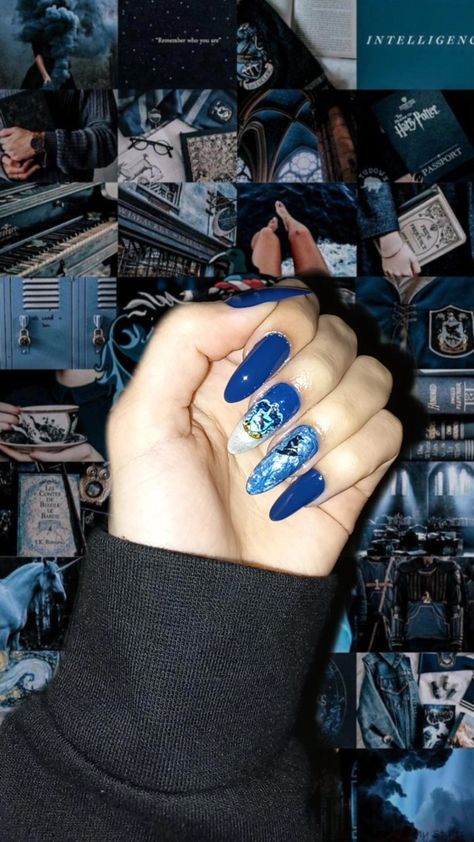 nails inspired by the houses of hogwarts, ravenclaw nails Harry Potter Nails Ravenclaw, Ravenclaw Nails, Harry Potter Nails Designs, Hogwarts Ravenclaw, Potter Nails, Harry Potter Nails, White Manicure, Nails Inspired, Claw Nails