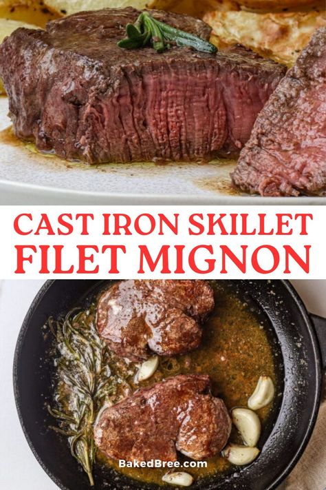 Tender filet mignon cooked to perfection in a cast iron skillet with butter, garlic, and rosemary. A savory delight awaits!" Cast Iron Skillet Fish Recipes, Beef Tenderloin Steak Recipes Cast Iron, Filet In Cast Iron, Steak Cooked In Cast Iron Skillet, Garlic Rosemary Steak, Cooking Filet Mignon In Cast Iron, Steak In A Cast Iron Skillet, Filet Mignon Stove Top, Filet Mignon Recipes Cast Iron Skillet