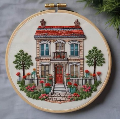 stitchsome - Etsy Embroidered Houses Pattern, House Embroidery Pattern, Embroidered Garden, Embroidered House, House Embroidery, Bridgerton Style, Easy Cartoon Drawings, Needle Crafts, Simple Embroidery