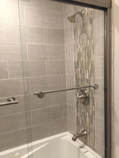 Vertical Tile Shower Ideas, Bath Tile Ideas, Waterfall Tile, Vertical Tile, Shower Accent Tile, Glass Tile Shower, Tile Showers, Lake House Bathroom, Custom Tile Shower