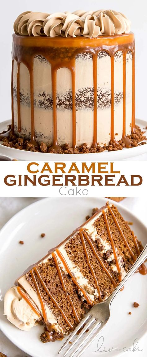 The classic Gingerbread Cake gets a delicious makeover! Gingerbread cake layers and caramel buttercream paired with gingersnap streusel and homemade caramel. | livforcake.com Buffet Dessert Ideas, Fall Themed Cakes, Tall Birthday Cake, Unique Cake Ideas, Bbq Dessert, Cake With Buttercream Frosting, Gingerbread Cake Recipe, Dessert Oreo, Caramel Buttercream