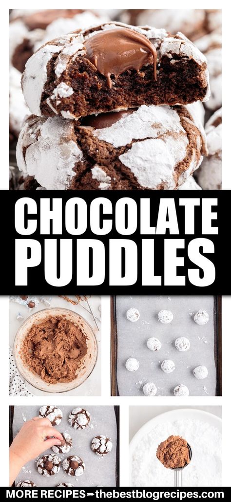 Chocolate Puddles are chocolate overload, in the best way possible! These cookies are soft, fudgy, coated in powdered sugar, and topped with a melty Hershey’s Kiss. Chocolate Pudding Mix Cookies, Chocolate Pudding Cookies Easy, Cookies With Chocolate Pudding, Chocolate Cake Mix With Pudding Added, Chocolate Puddles, Chocolate Blossom Cookies, Chocolate Thumbprint Cookies Recipe Hershey's Kisses, Chocolate Dump Cake, Hersheys Chocolate