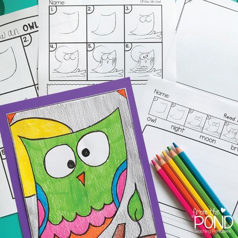 FREE Owl Directed Drawing - This free printable will help you create a fun and creative owl art project. You can choose to do a painting lesson, a drawing or a writing activity with the pages! | #FromThePond #TeacherFreebie #FreePrintable #HowToDraw #HowToDrawAndOwl #DirectedDrawing #ArtInSchool Owl Directed Drawing, Draw Owl, Directed Drawing Kindergarten, Cute Owl Drawing, Elementary Art Rooms, Art For Kids Hub, Painting Lesson, Owl Kids, Kindergarten Art Projects