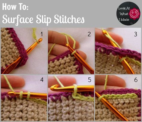 How to Crochet:  Surface Slip Stitches ❥Teresa Restegui http://www.pinterest.com/teretegui/❥ Surface Crochet, Slip Stitches, Slip Stitch Crochet, Crocheting Projects, Crochet Tips, Needle Crafts, Crochet Style, Crochet Elephant, Crochet Lessons