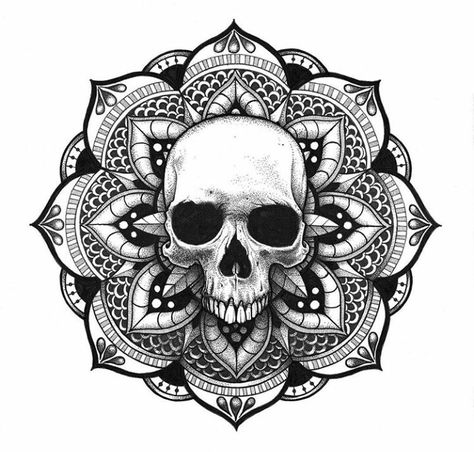 Skull Mandala Tattoo, Tattoo Karma, Tato Mandala, Mandala Skull, Dotwork Tattoo Mandala, Satanic Tattoos, Skull Sketch, Skeleton Drawings, Elbow Tattoos